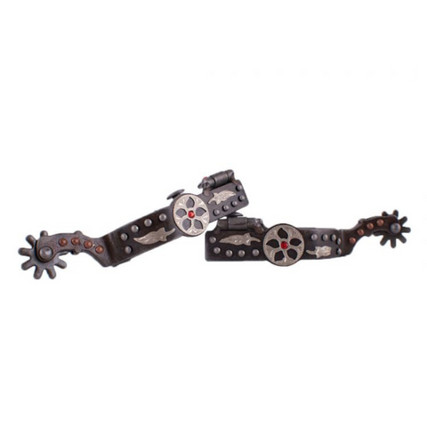 Antique gray steel spur with copper and silver studs and silver engraved overlay