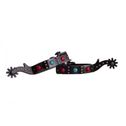 Antique gray steel spur with red and teal marble studs