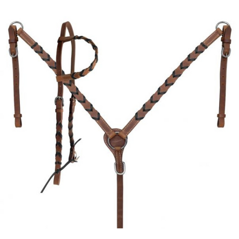 Showman ® Argentina cow harness leather one ear headstall and breast collar set with colored lacing. - Double T Saddles