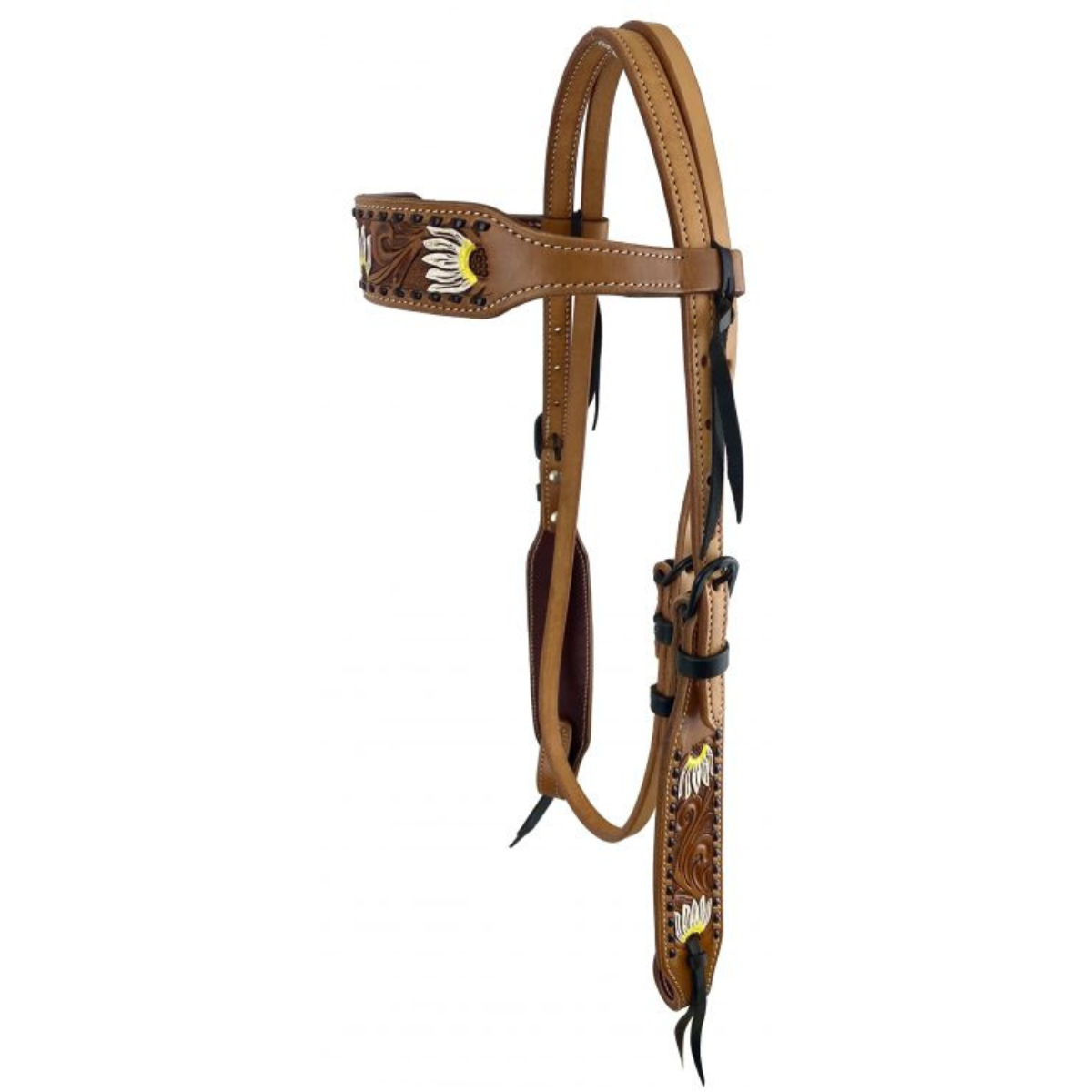 Showman ® Argentina cow leather browband headstall with hand painted sunflowers. - Double T Saddles