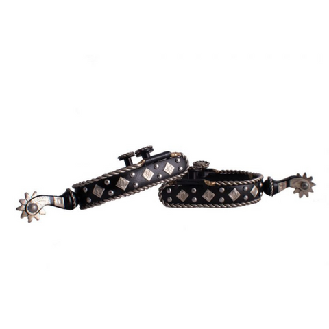 Black steel spur with a silver rope border and silver engraved diamond accents