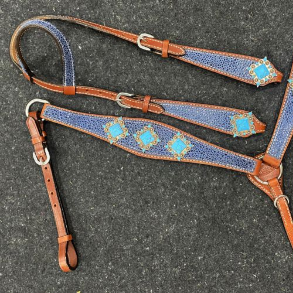 Showman ® Blue Cheetah Print One Ear Headstall and Breast Collar set. - Double T Saddles