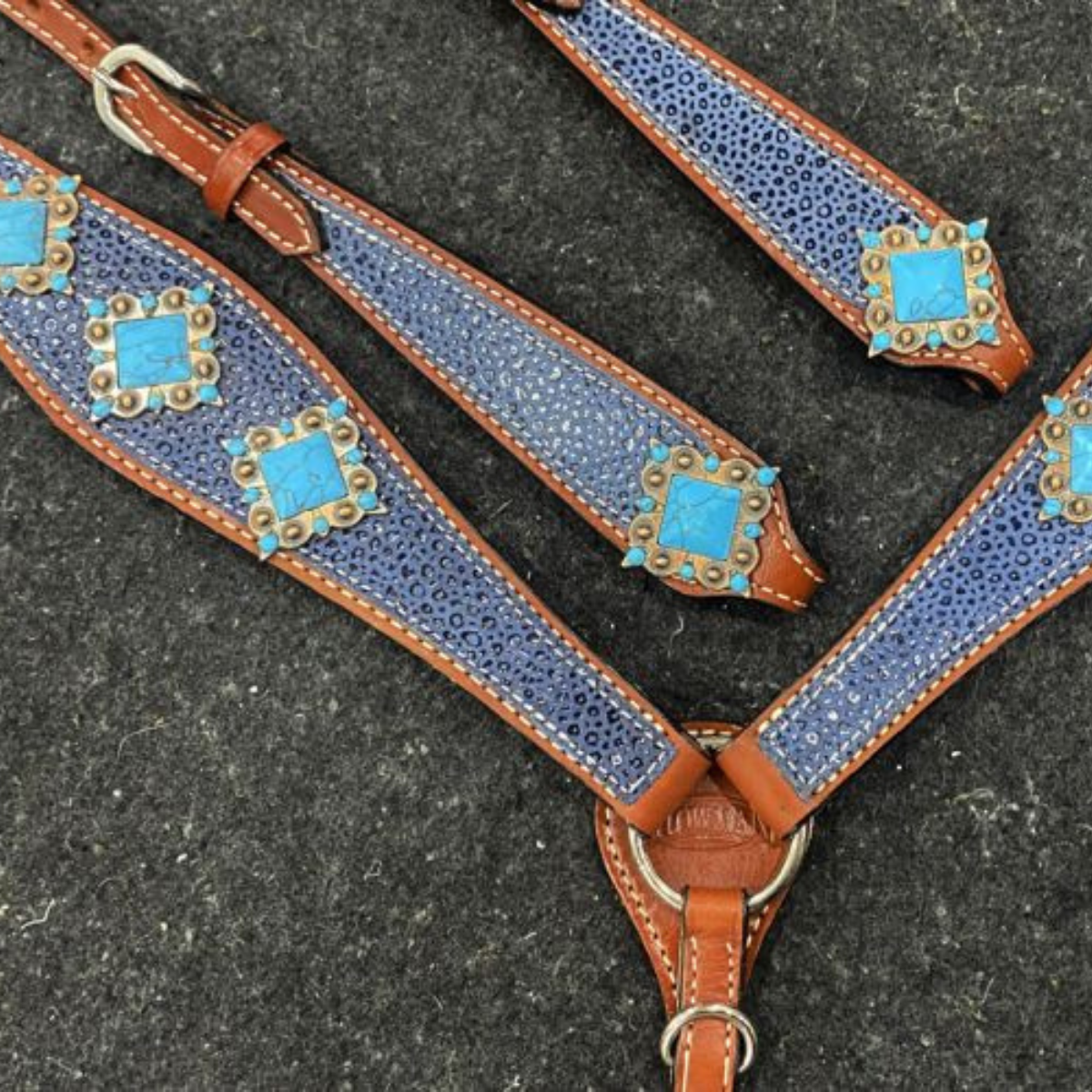 Showman ® Blue Cheetah Print One Ear Headstall and Breast Collar set. - Double T Saddles