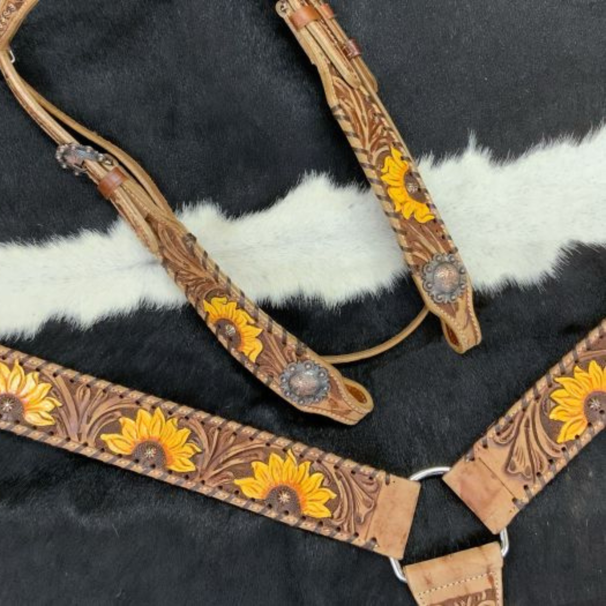 Showman ® Browband Headstall & Breast collar set with  floral tooling and hand painted sunflowers. - Double T Saddles