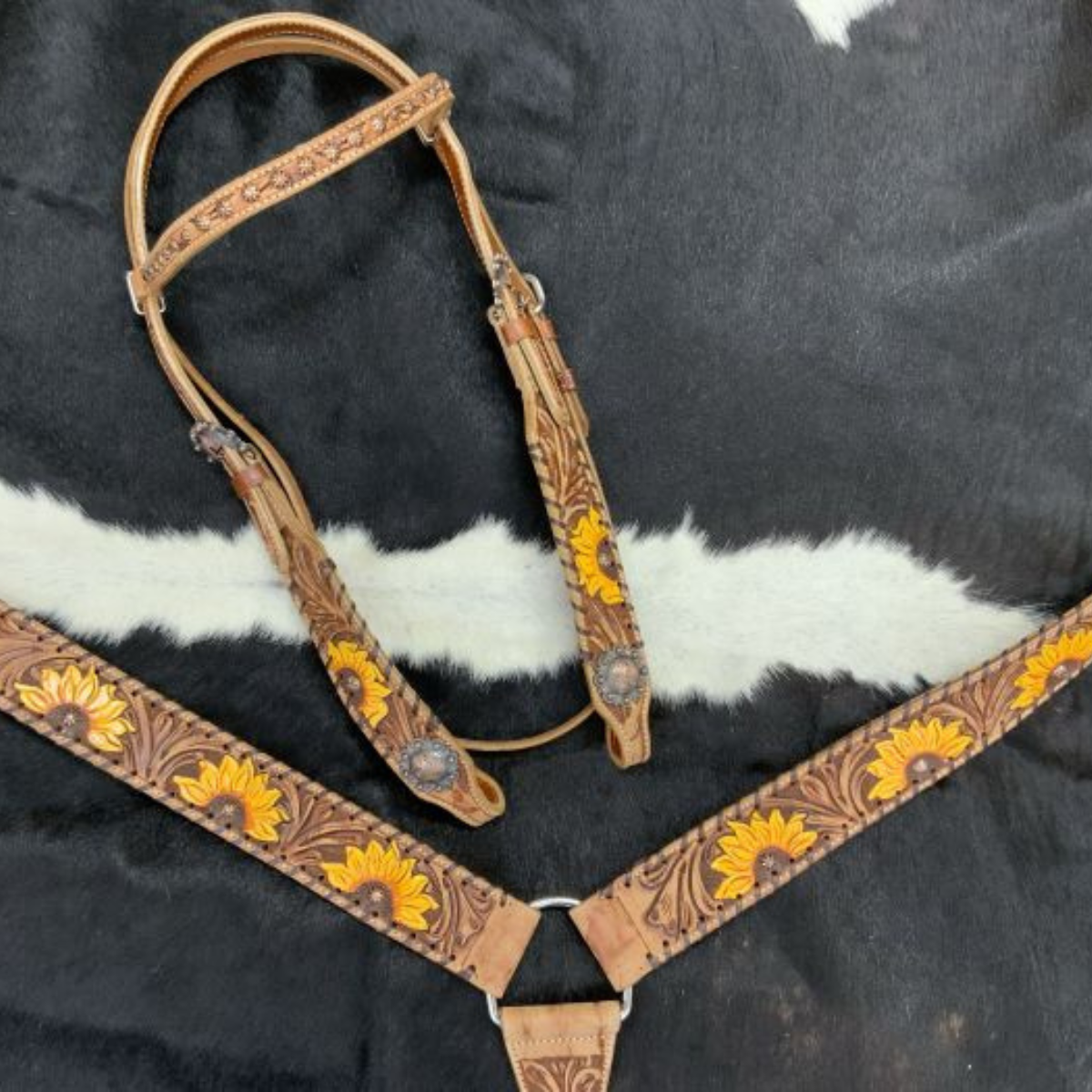 Showman ® Browband Headstall & Breast collar set with  floral tooling and hand painted sunflowers. - Double T Saddles