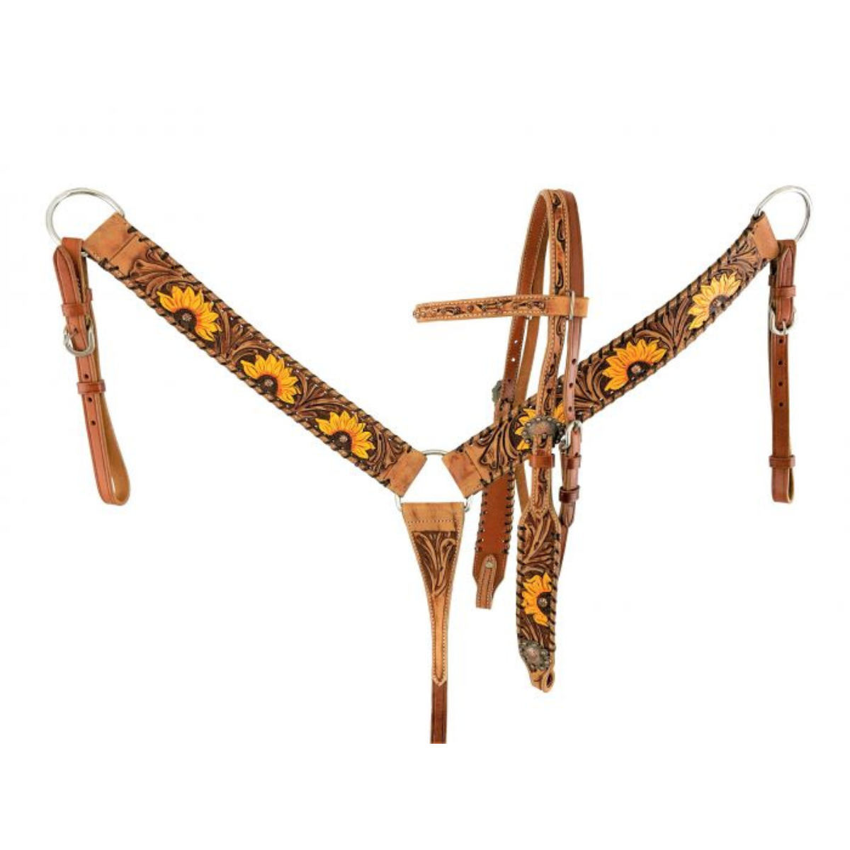 Showman ® Browband Headstall & Breast collar set with  floral tooling and hand painted sunflowers. - Double T Saddles