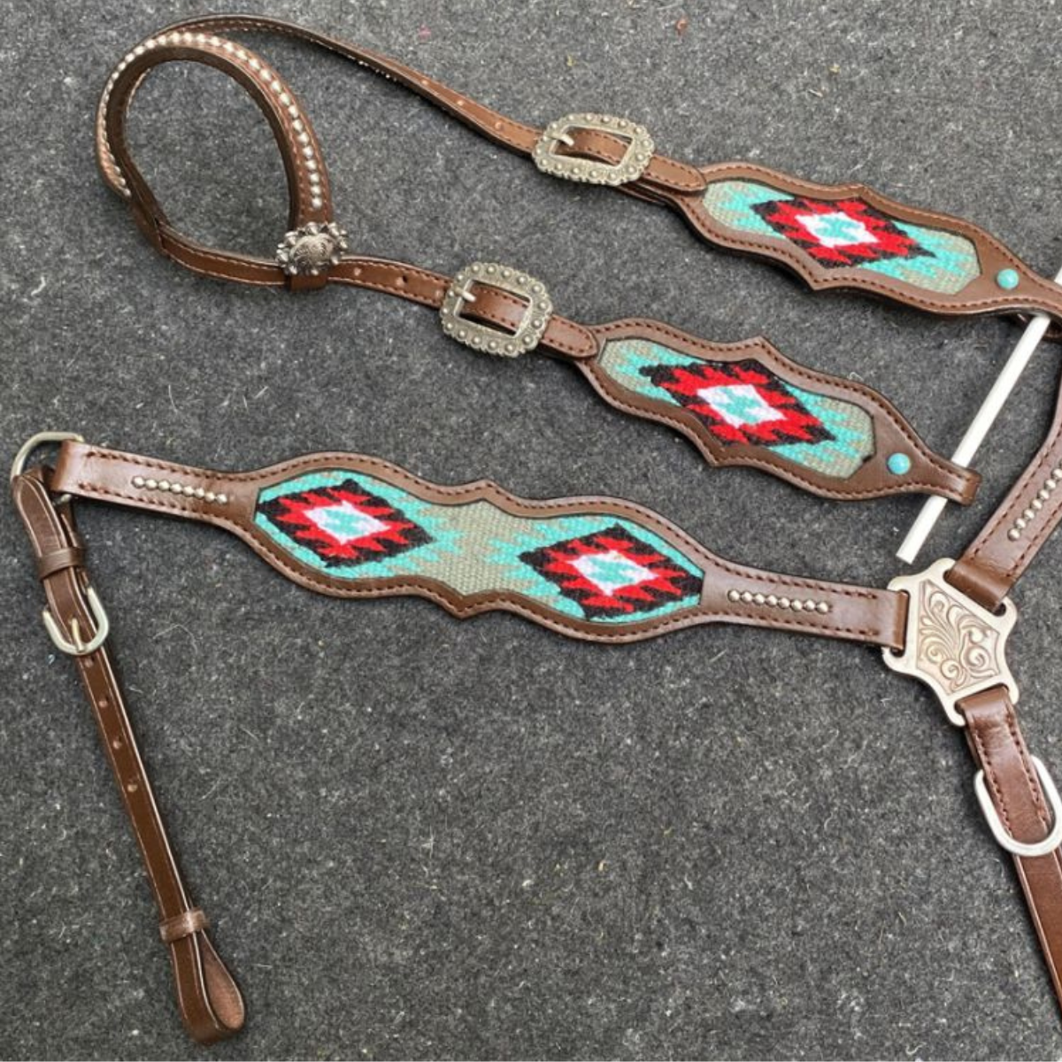 Showman ® Browband Headstall & Breast collar set with wool southwest blanket inlay. - Double T Saddles