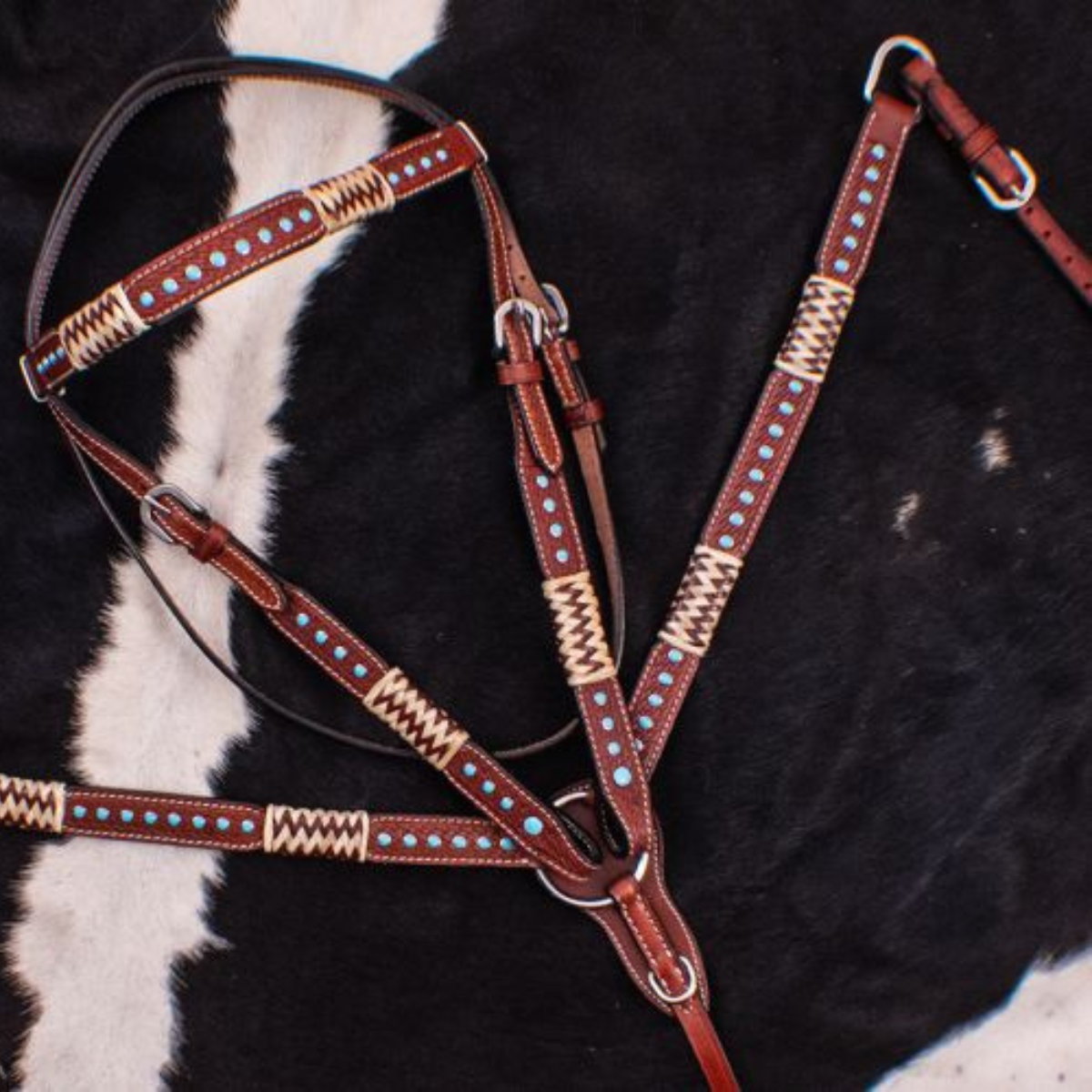 Showman ® Browband Rawhide Braided Headstall and Breast collar Set with Turquoise Studs. - Double T Saddles