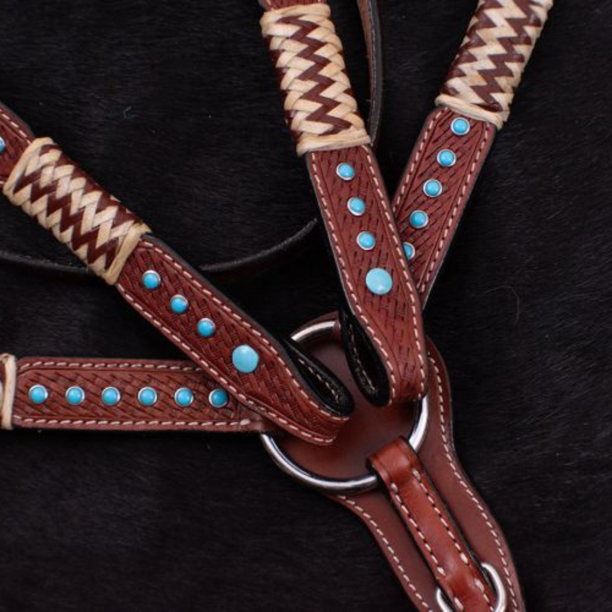 Showman ® Browband Rawhide Braided Headstall and Breast collar Set with Turquoise Studs. - Double T Saddles