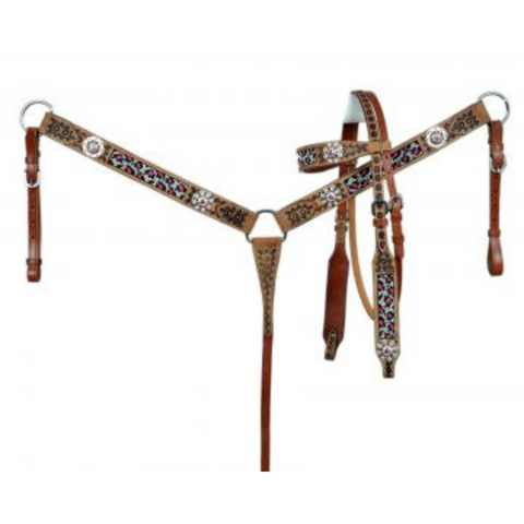 Browband beaded pink Cheetah Headstall and Breast collar Set