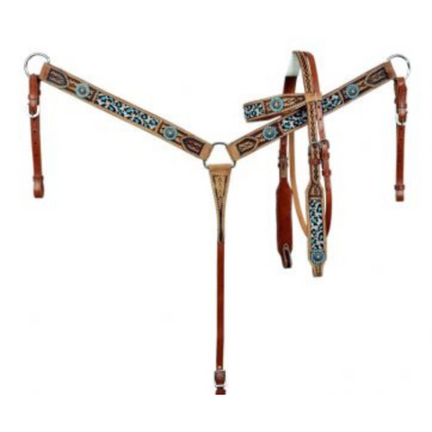 Browband beaded teal Cheetah Headstall and Breast collar Set