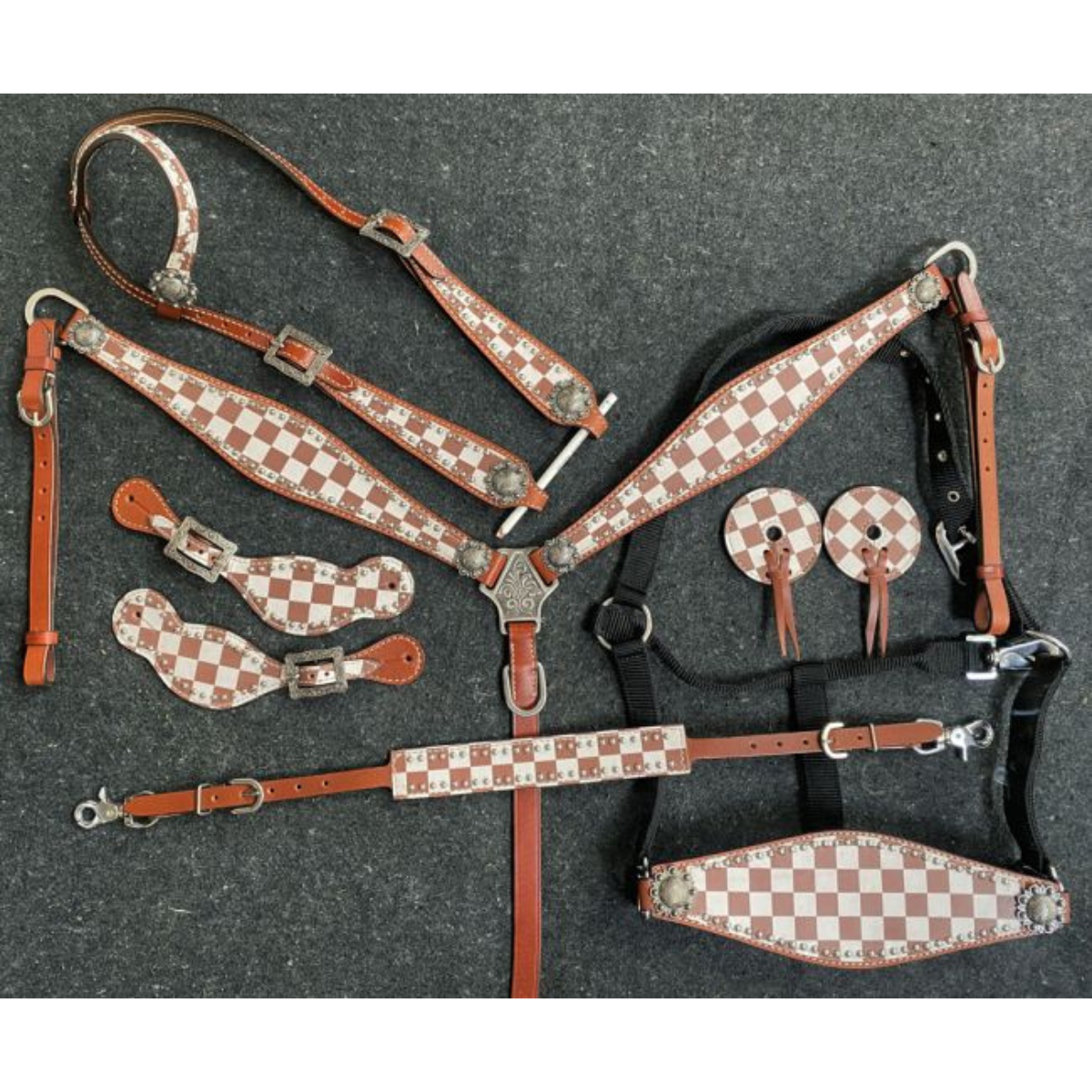 Showman ® Brown & White Checker Print One Ear Headstall and Breast Collar 7-piece set. - Double T Saddles