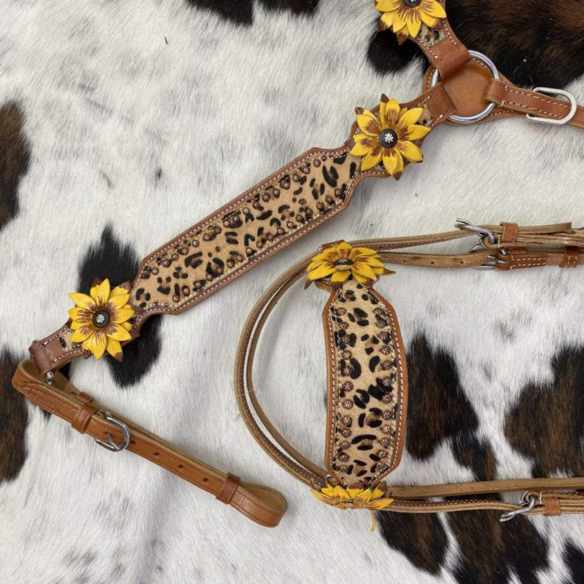 Showman ® Cheetah Inlay Headstall and Breast collar Set with 3D leather painted sunflower accents. - Double T Saddles