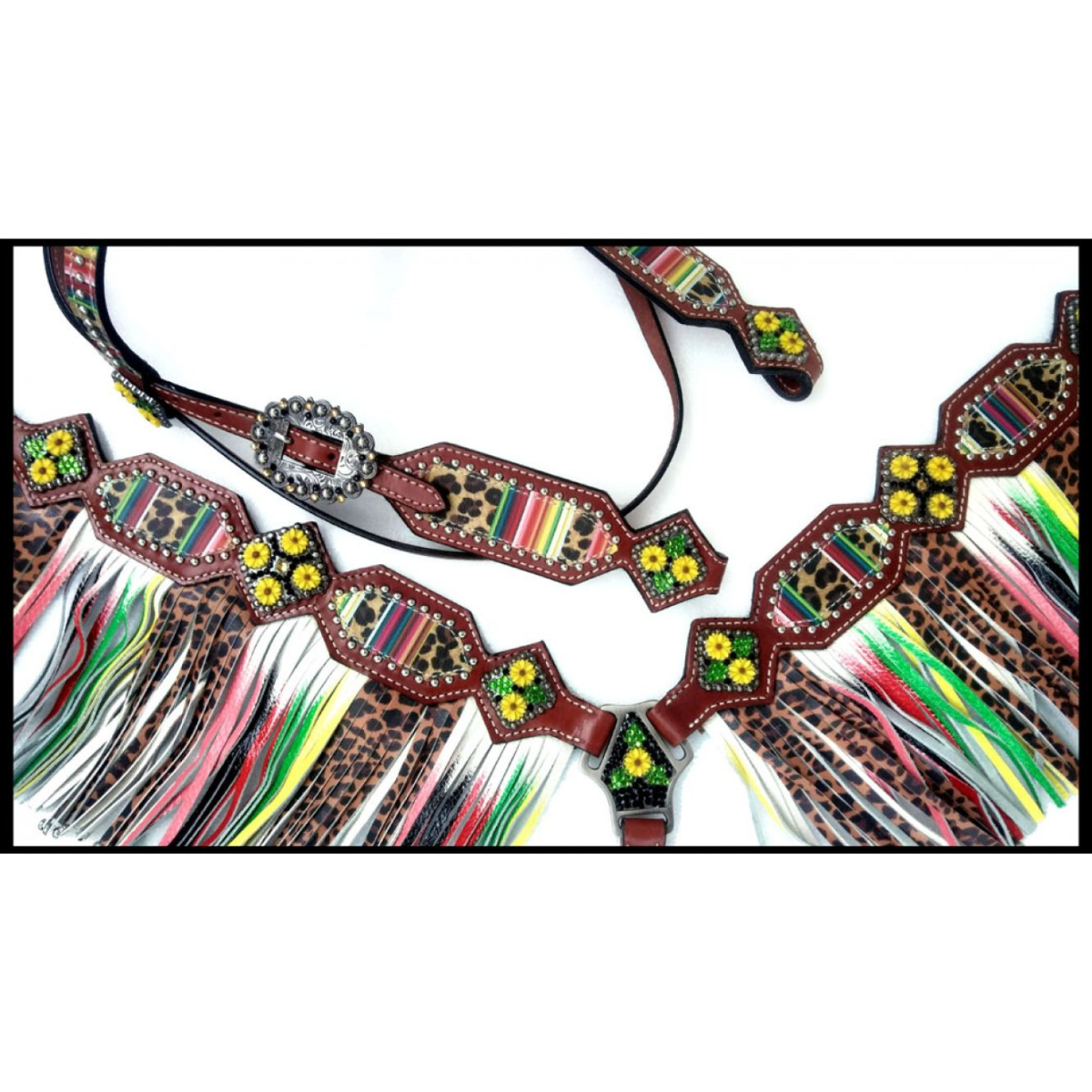 Showman ® Cheetah/ Serape print browband headstall and fringe breast collar set. - Double T Saddles