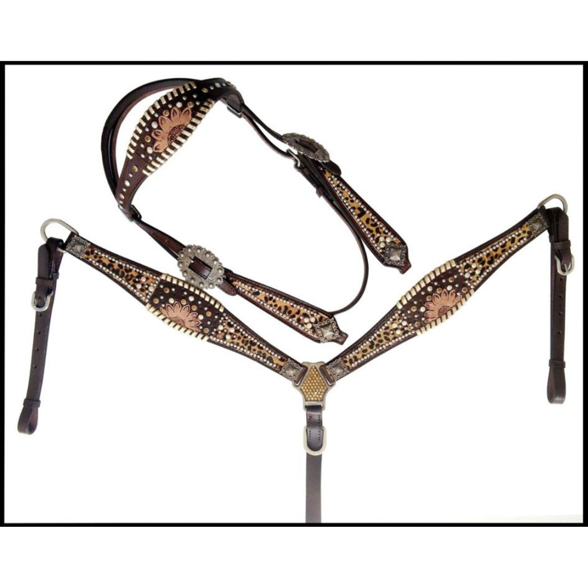 Showman ® Cheetah hair on inlay with sunflower accent browband headstall and breast collar set. - Double T Saddles