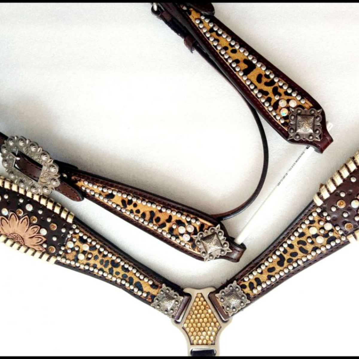 Showman ® Cheetah hair on inlay with sunflower accent browband headstall and breast collar set. - Double T Saddles