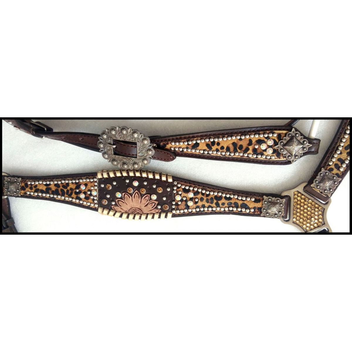Showman ® Cheetah hair on inlay with sunflower accent browband headstall and breast collar set. - Double T Saddles