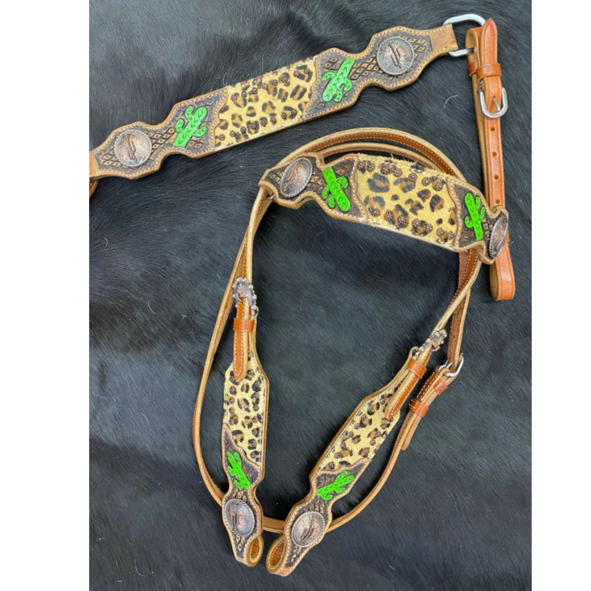 Showman ® Cheetah headstall and breast collar set with painted cactus accents. - Double T Saddles