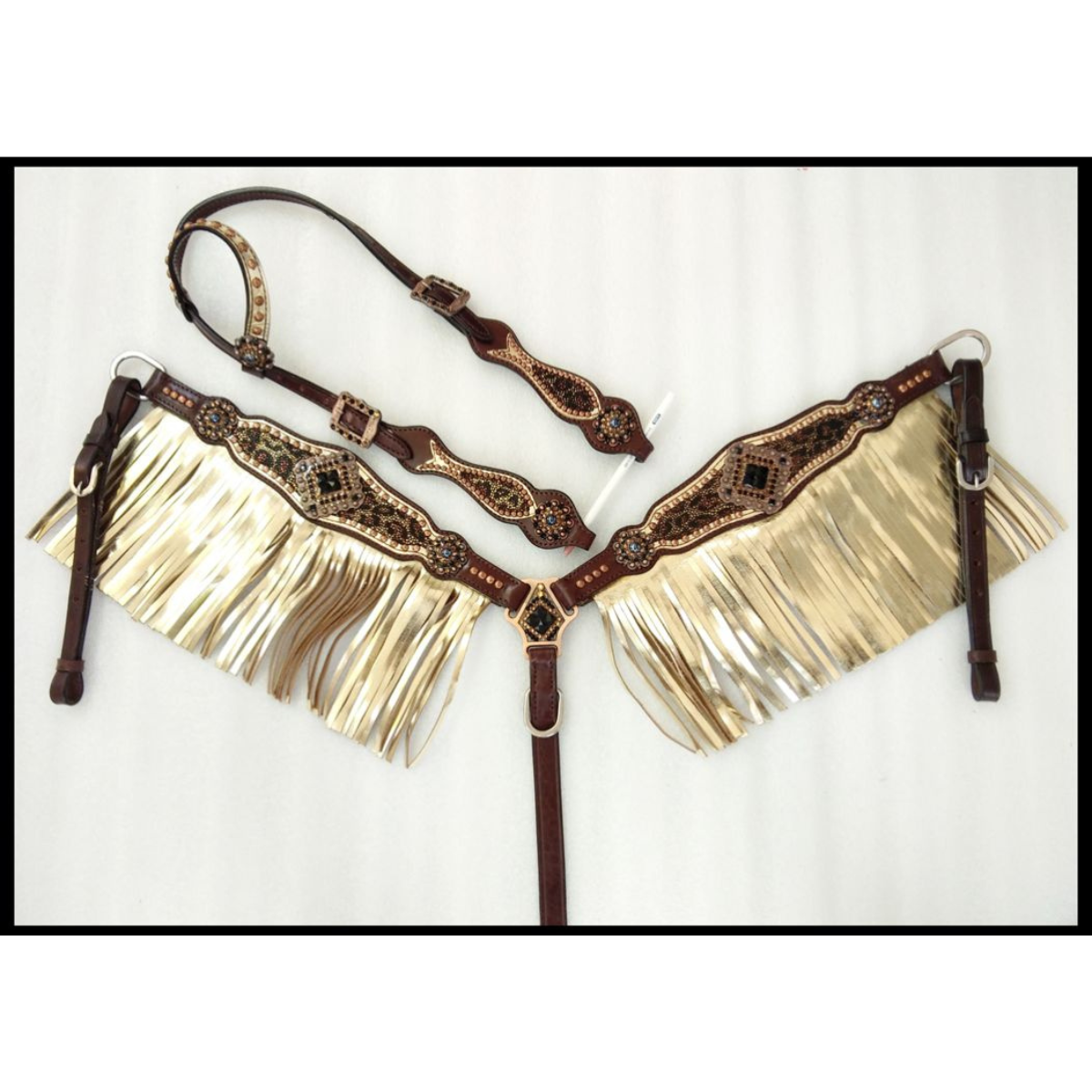 Showman ® Cheetah print one ear headstall and breast collar set with gold metallic fringe. - Double T Saddles