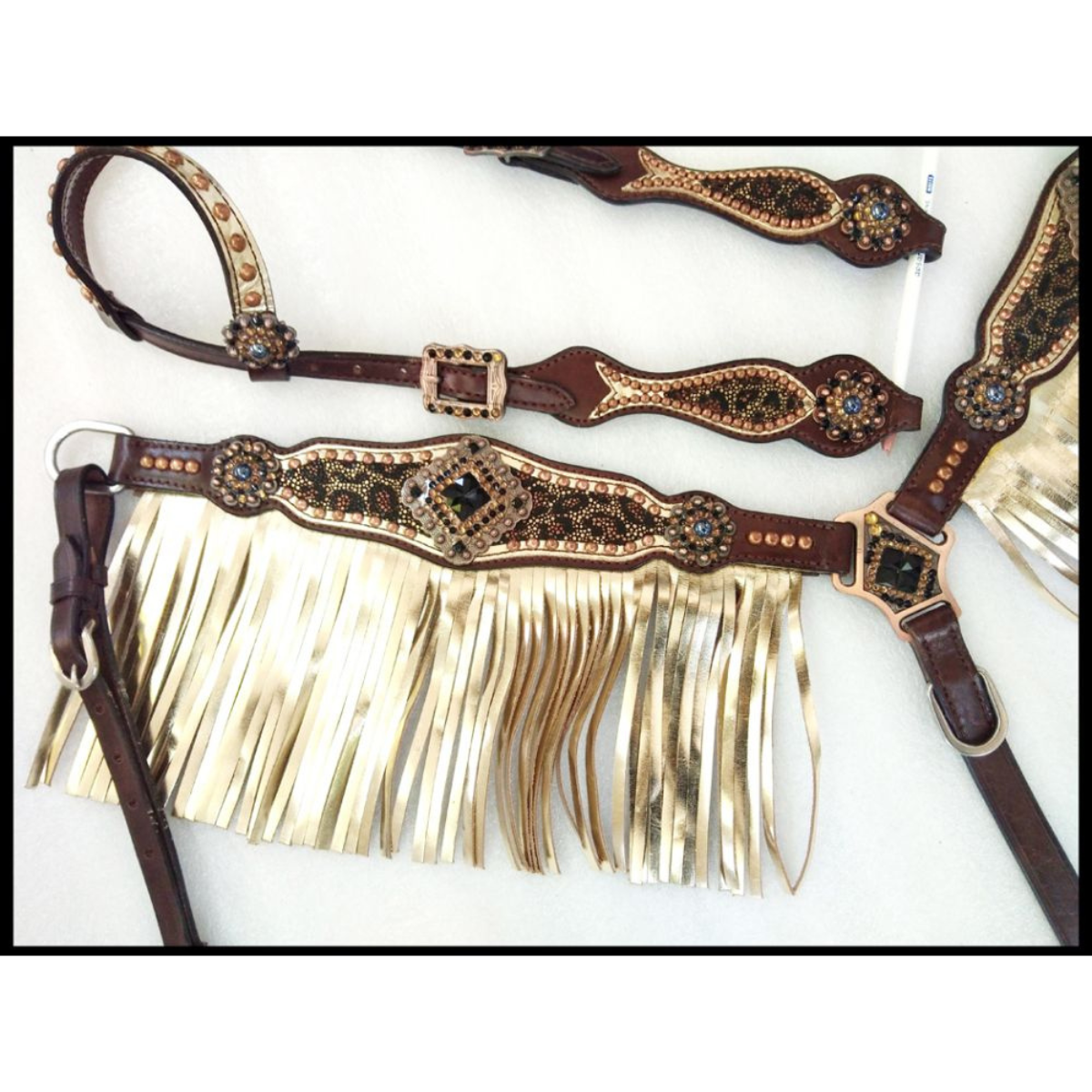 Showman ® Cheetah print one ear headstall and breast collar set with gold metallic fringe. - Double T Saddles