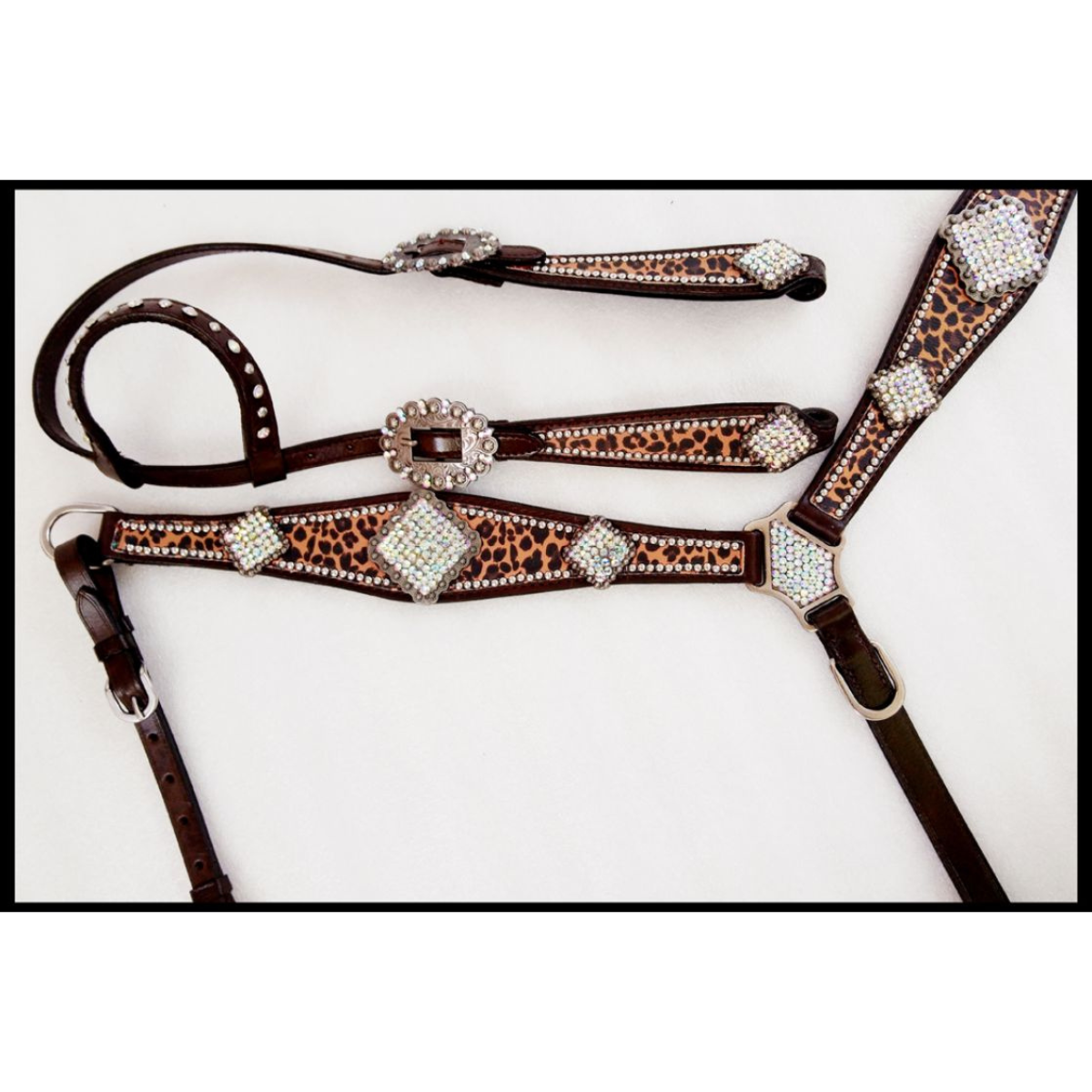 Showman ® Cheetah print one ear headstall and breast collar set with rhinestone accents. - Double T Saddles