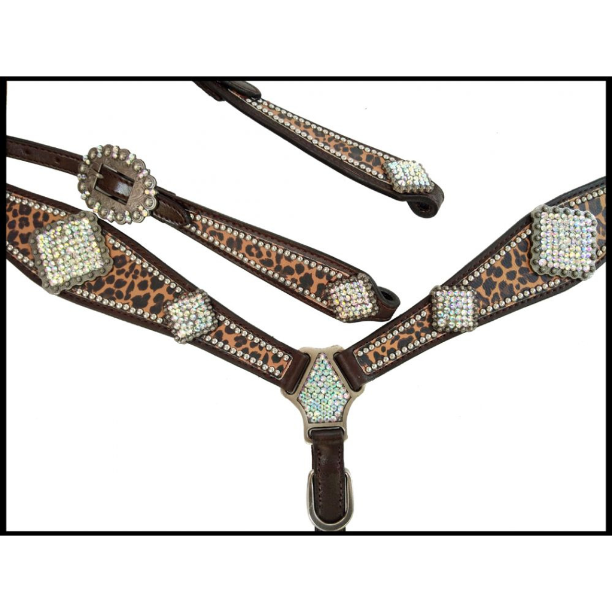 Showman ® Cheetah print one ear headstall and breast collar set with rhinestone accents. - Double T Saddles