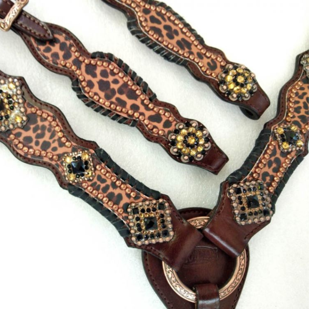 Showman ® Cheetah print one ear headstall and breast collar set with turquoise accents. - Double T Saddles