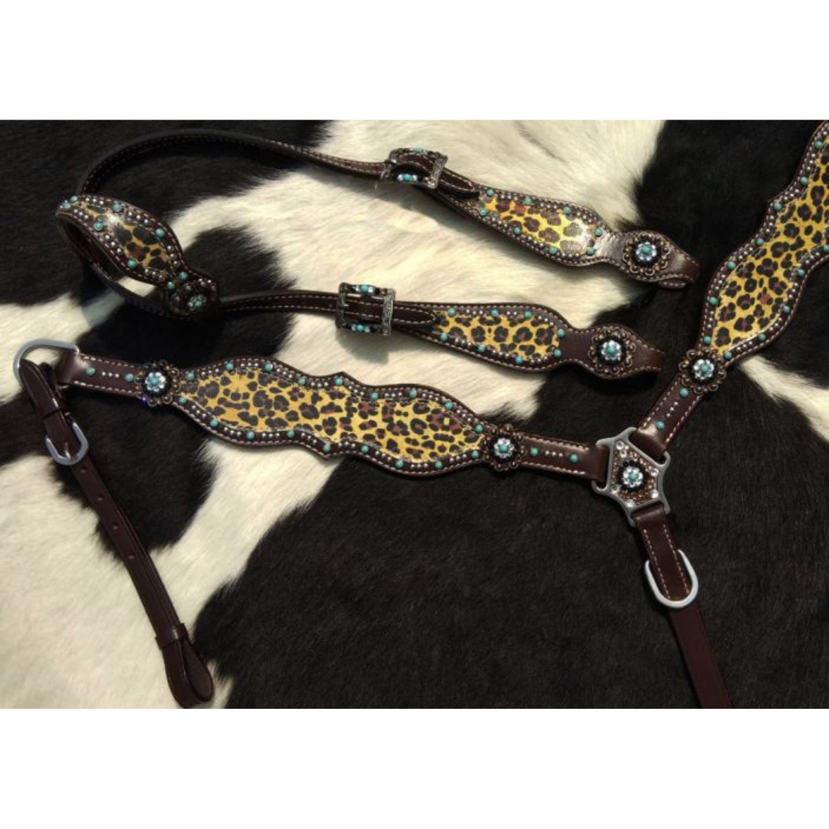 Showman ® Cheetah print one ear headstall and breast collar set with turquoise accents. - Double T Saddles