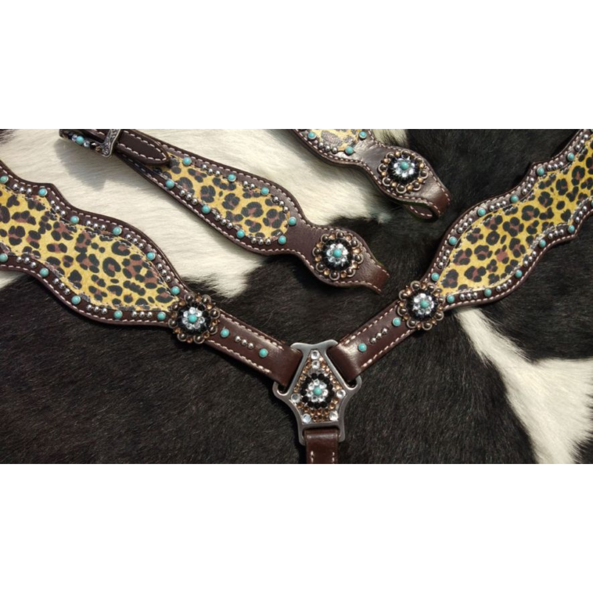 Showman ® Cheetah print one ear headstall and breast collar set with turquoise accents. - Double T Saddles