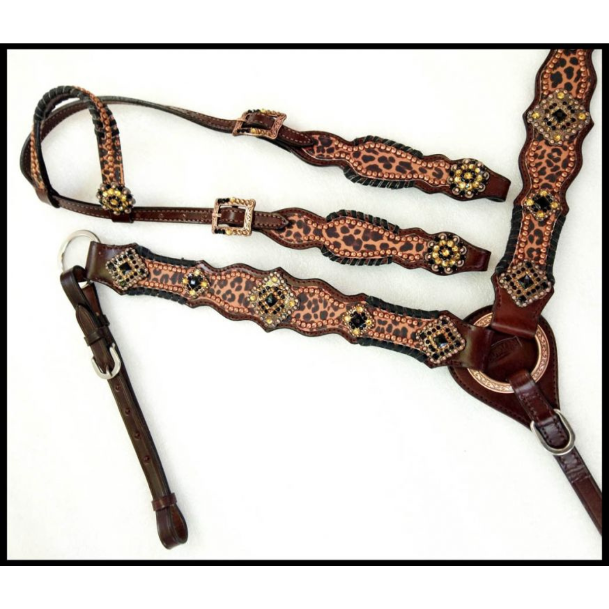 Showman ® Cheetah print one ear headstall and breast collar set with turquoise accents. - Double T Saddles
