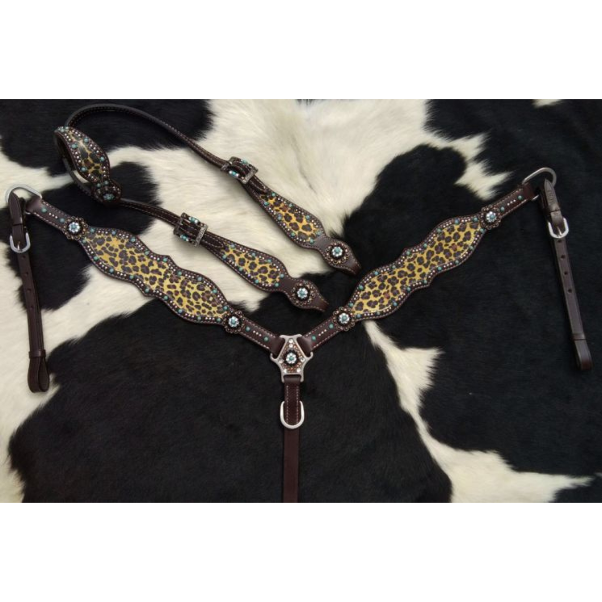 Showman ® Cheetah print one ear headstall and breast collar set with turquoise accents. - Double T Saddles