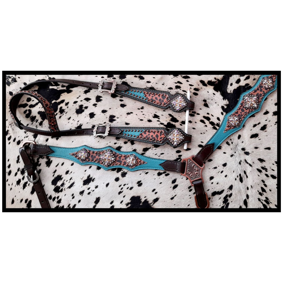 Showman ® Cheetah print overlay with teal leather accent One Ear headstall and breast collar set. - Double T Saddles