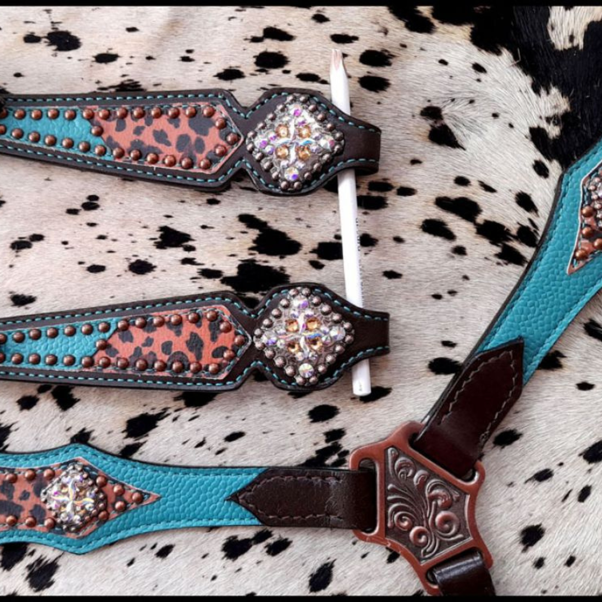 Showman ® Cheetah print overlay with teal leather accent One Ear headstall and breast collar set. - Double T Saddles