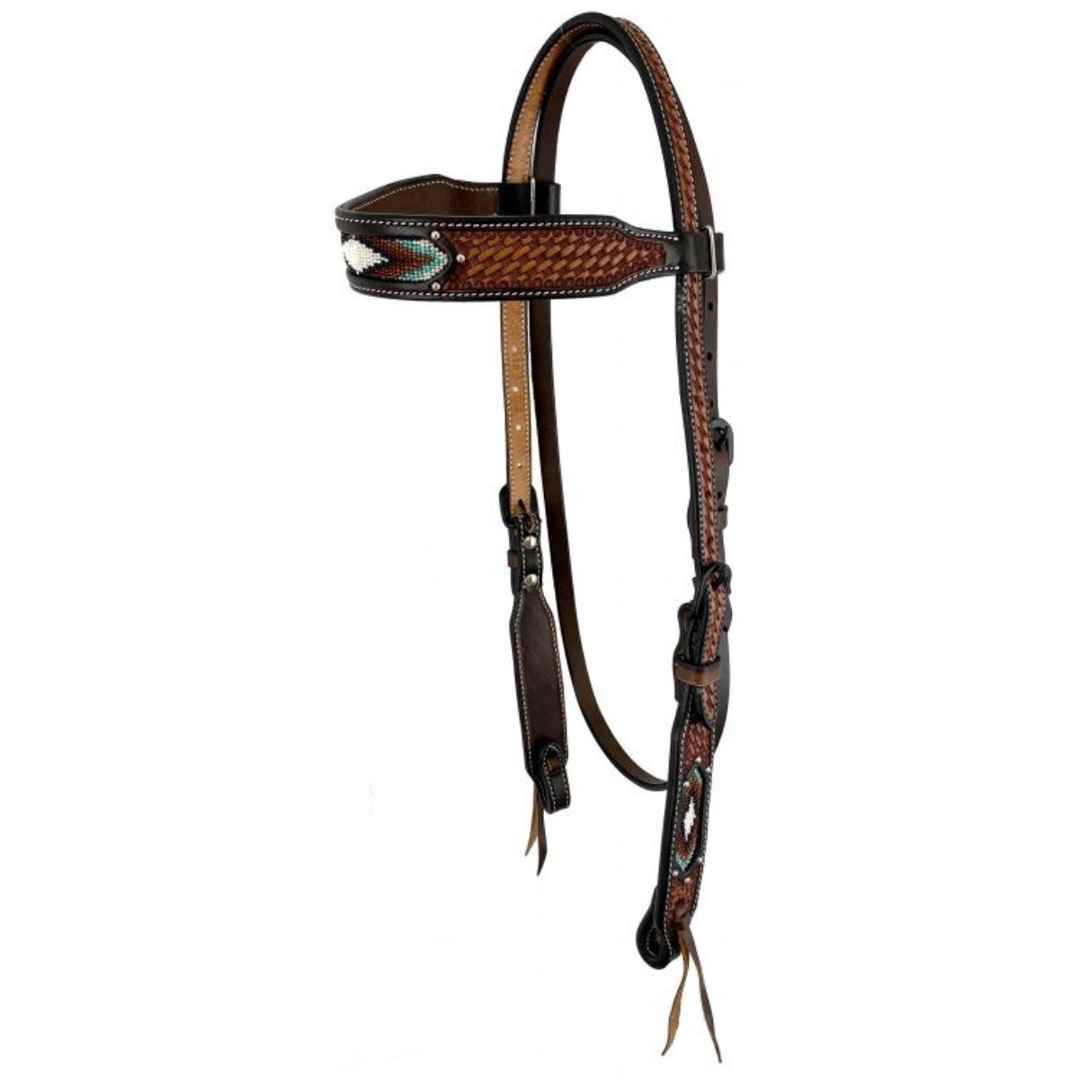 Showman ® Dark Brown two-tone Argentina cow leather brow-band headstall with  beaded inlay design. - Double T Saddles
