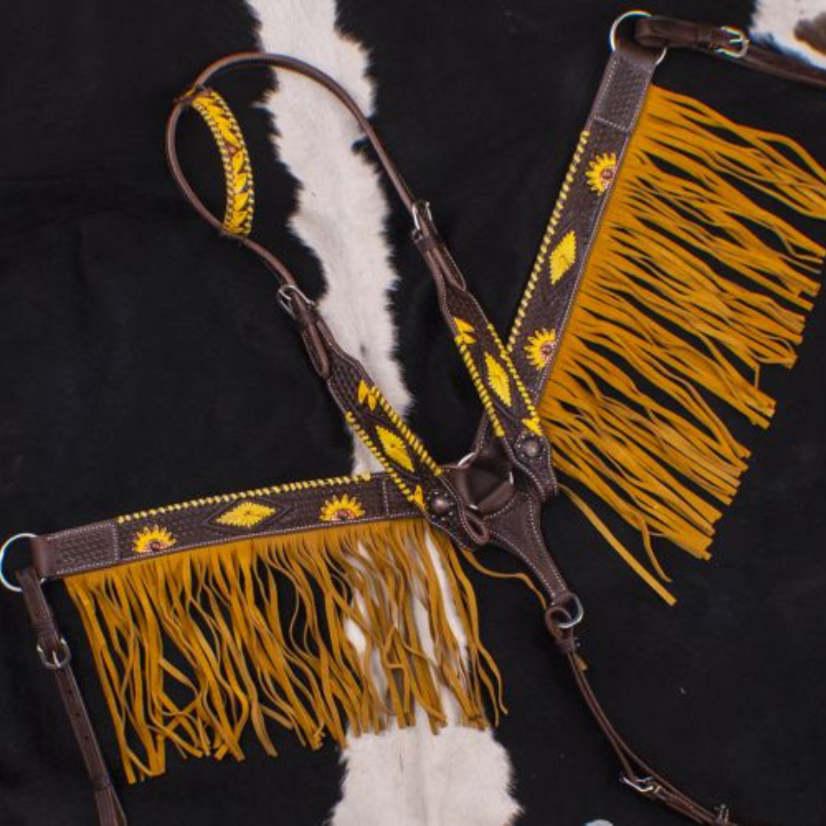Showman ® Dark Oil, Hand Painted Sunflower Single Ear Headstall and Breast collar Set with Fringe. - Double T Saddles