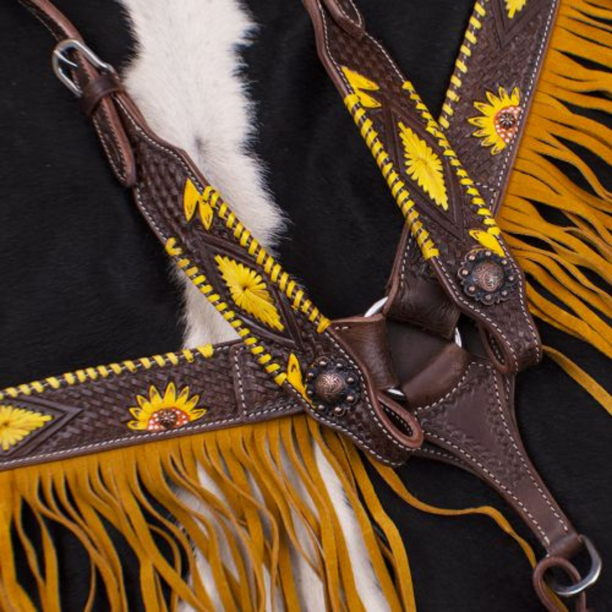 Showman ® Dark Oil, Hand Painted Sunflower Single Ear Headstall and Breast collar Set with Fringe. - Double T Saddles