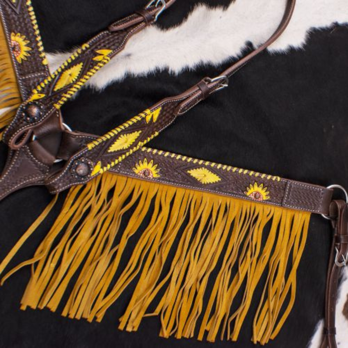 Showman ® Dark Oil, Hand Painted Sunflower Single Ear Headstall and Breast collar Set with Fringe. - Double T Saddles