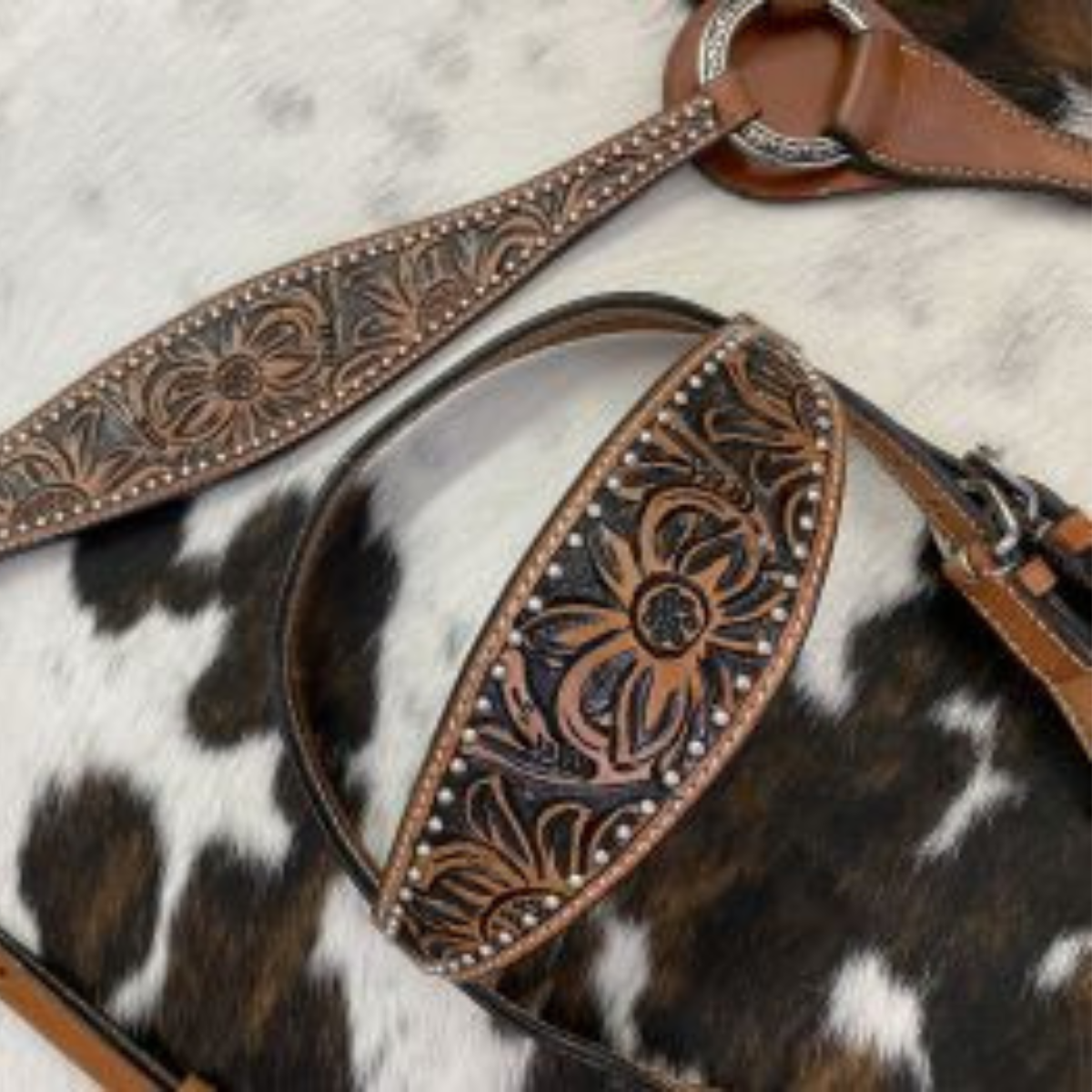 Showman ® Floral tooled design browband bridle and breast collar set with silver bead accents. - Double T Saddles