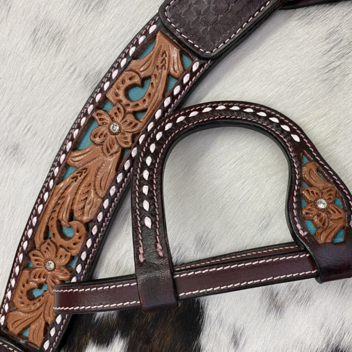 Showman ® Floral tooled design one ear bridle and breast collar set with buck stitching and teal underlay. - Double T Saddles