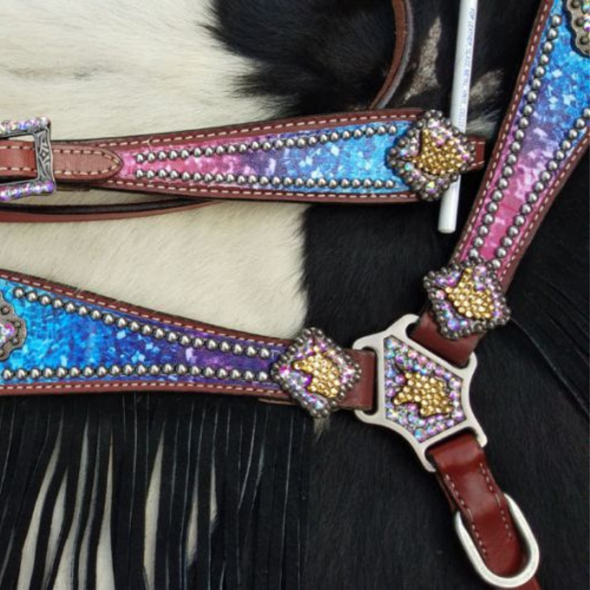 Showman ® Galaxy print browband headstall and breastcollar set with unicorn conchos and black suede leather fringe. - Double T Saddles