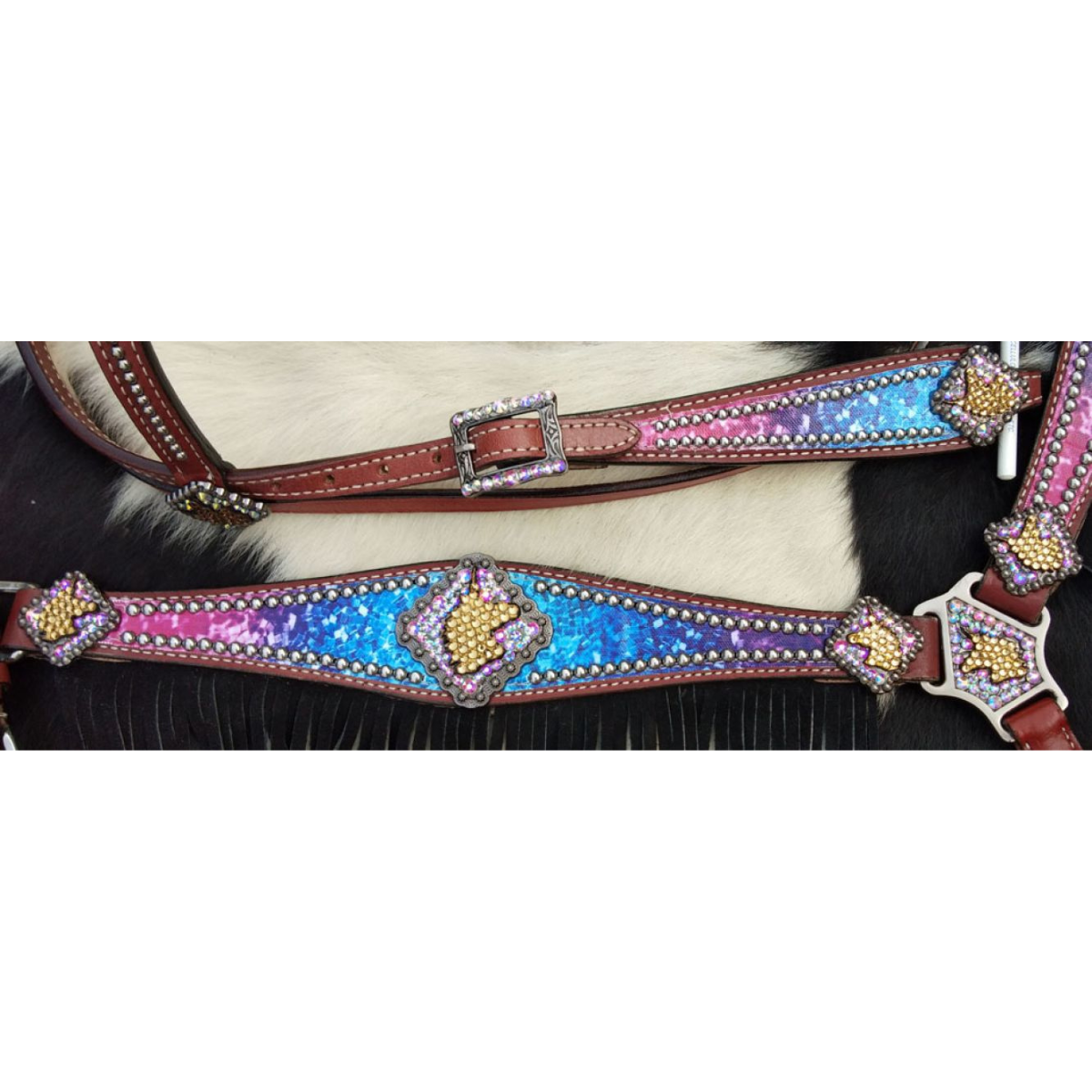 Showman ® Galaxy print browband headstall and breastcollar set with unicorn conchos and black suede leather fringe. - Double T Saddles