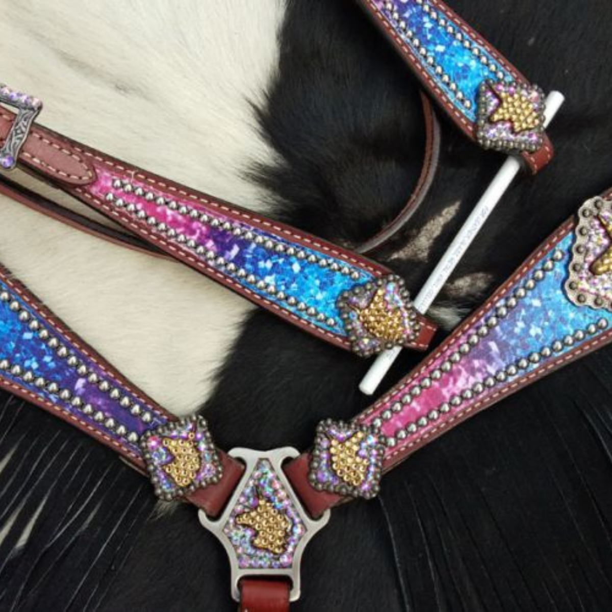 Showman ® Galaxy print browband headstall and breastcollar set with unicorn conchos and black suede leather fringe. - Double T Saddles