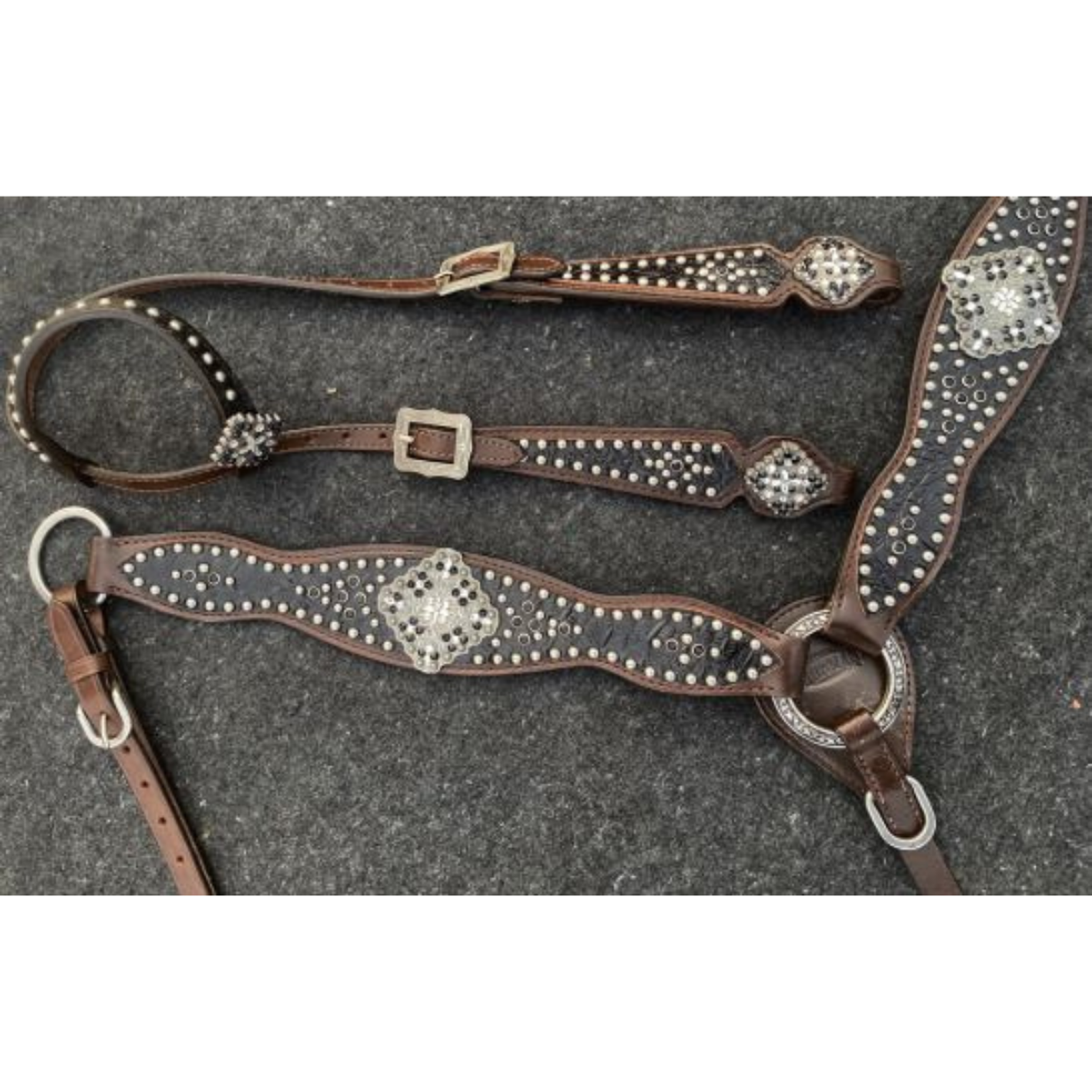 Showman ® Gator print inlay one ear headstall and breast collar set with silver and black beading. - Double T Saddles
