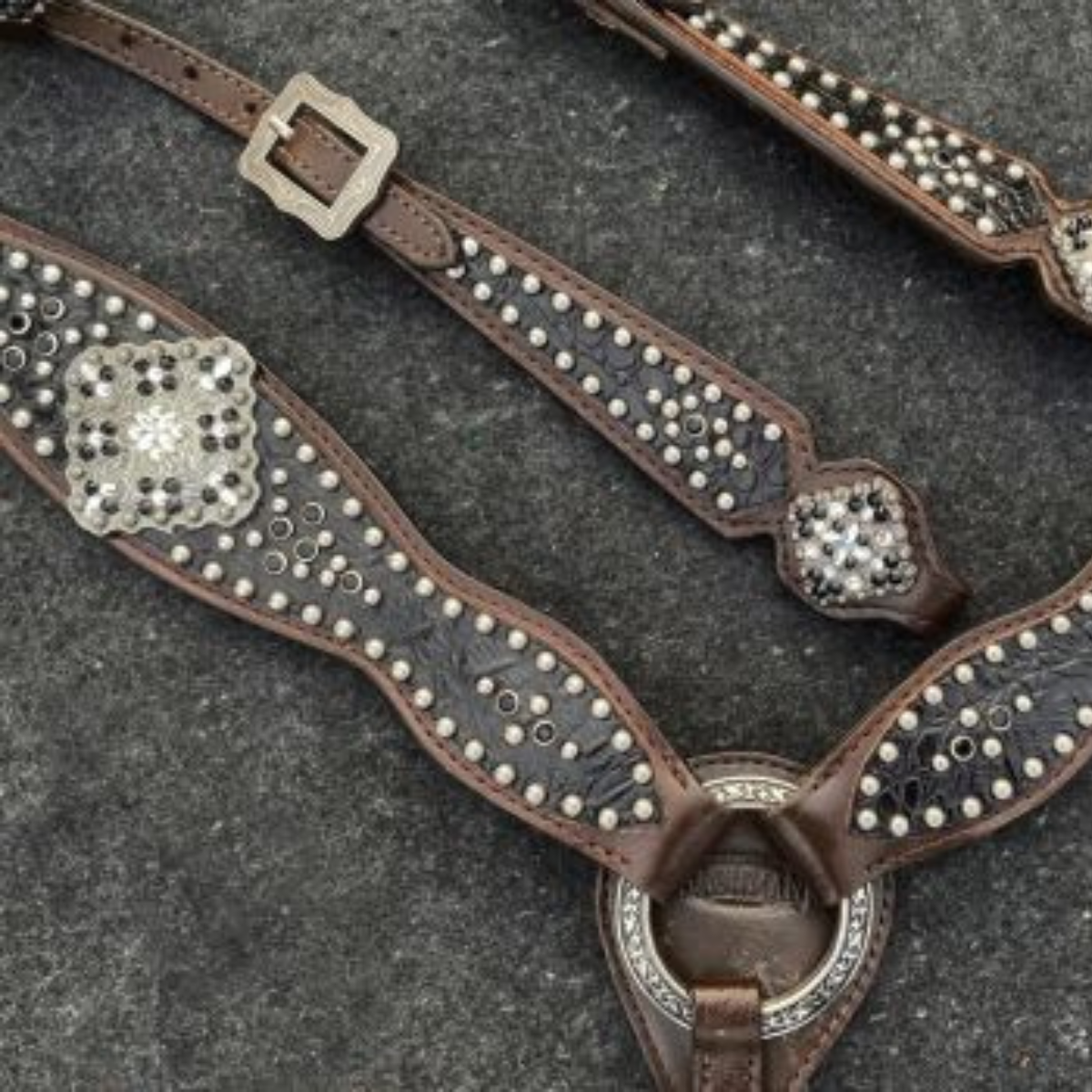 Showman ® Gator print inlay one ear headstall and breast collar set with silver and black beading. - Double T Saddles
