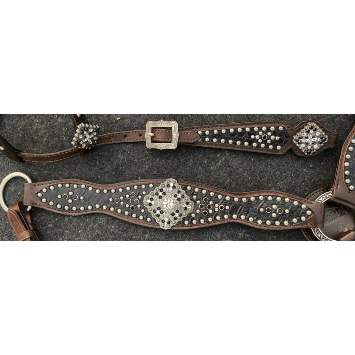 Showman ® Gator print inlay one ear headstall and breast collar set with silver and black beading. - Double T Saddles