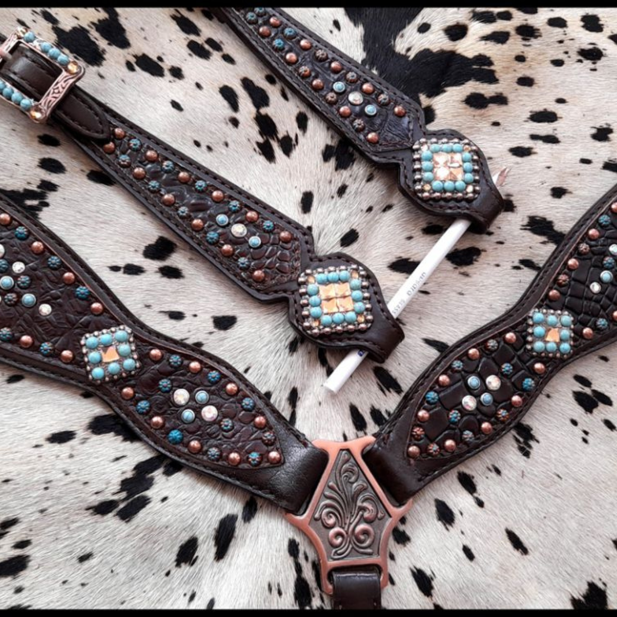Showman ® Gator print inlay one ear headstall and breast collar set with turquoise, and copper beading. - Double T Saddles