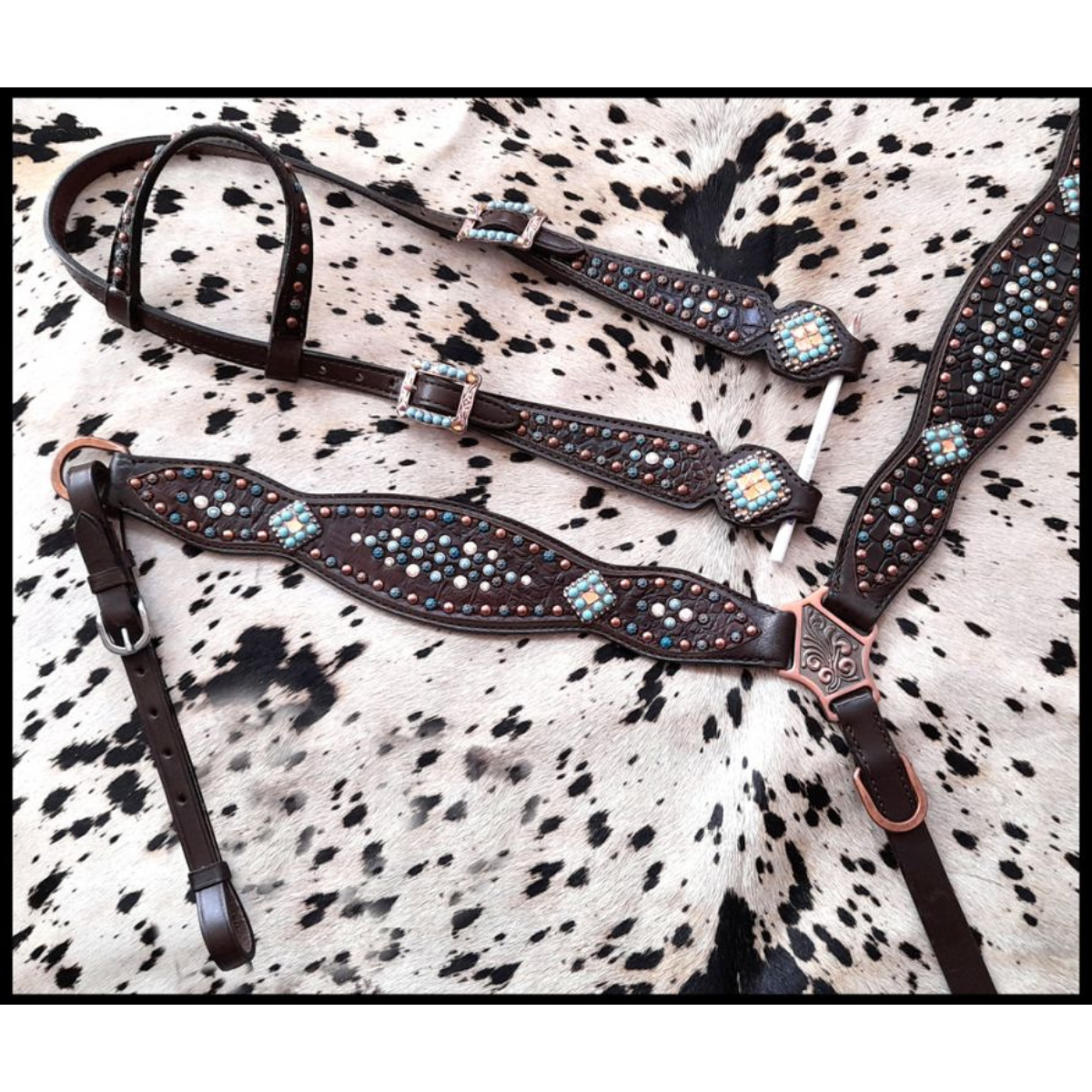 Showman ® Gator print inlay one ear headstall and breast collar set with turquoise, and copper beading. - Double T Saddles