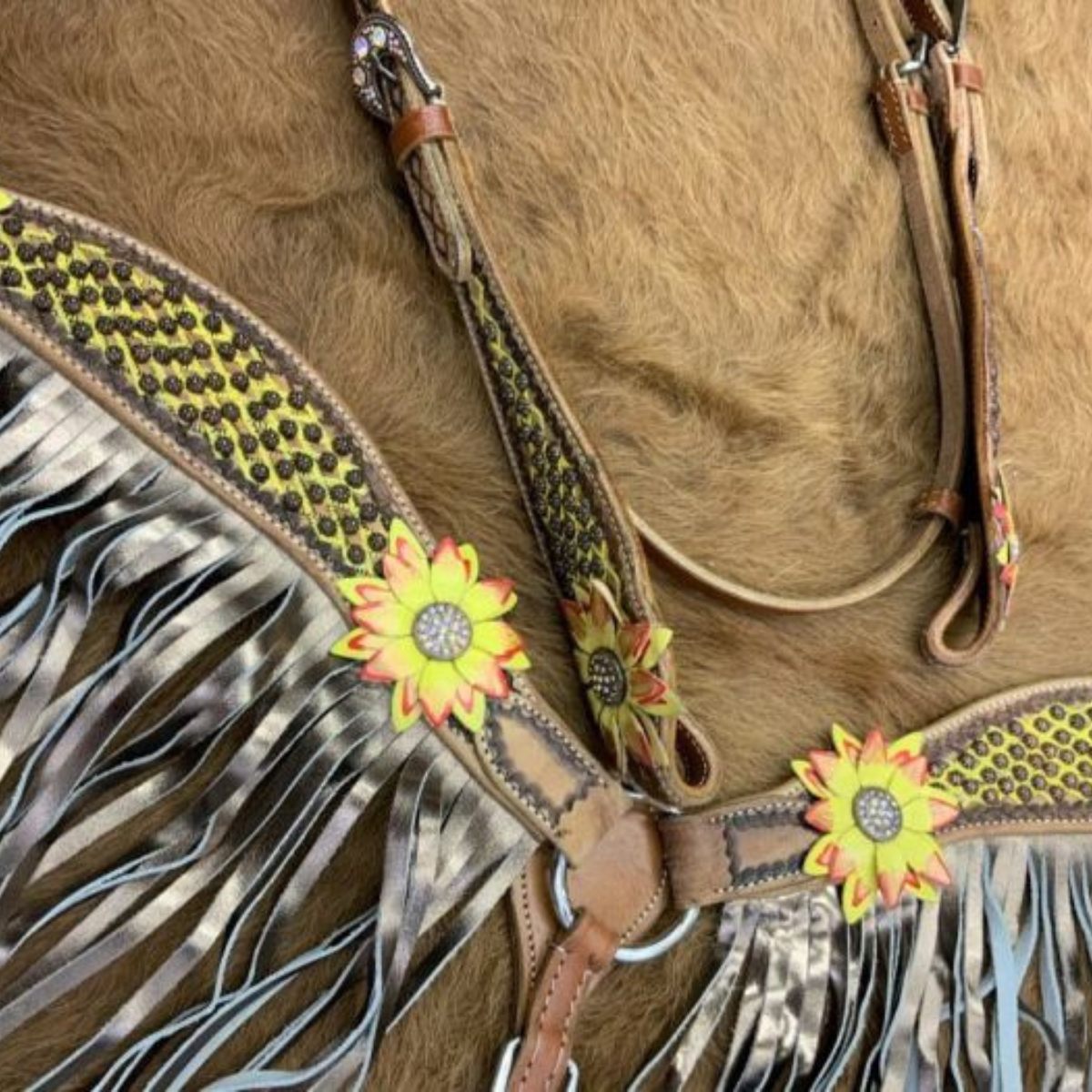 Showman ® Hand Painted 3D Floral Accent Browband Headstall and Breast collar Set with Fringe. - Double T Saddles