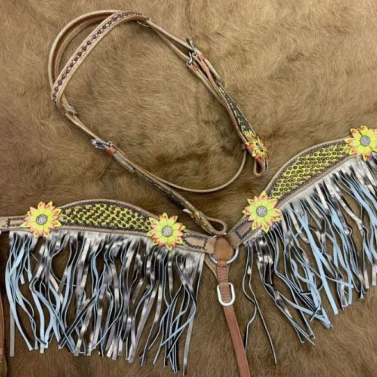 Showman ® Hand Painted 3D Floral Accent Browband Headstall and Breast collar Set with Fringe. - Double T Saddles