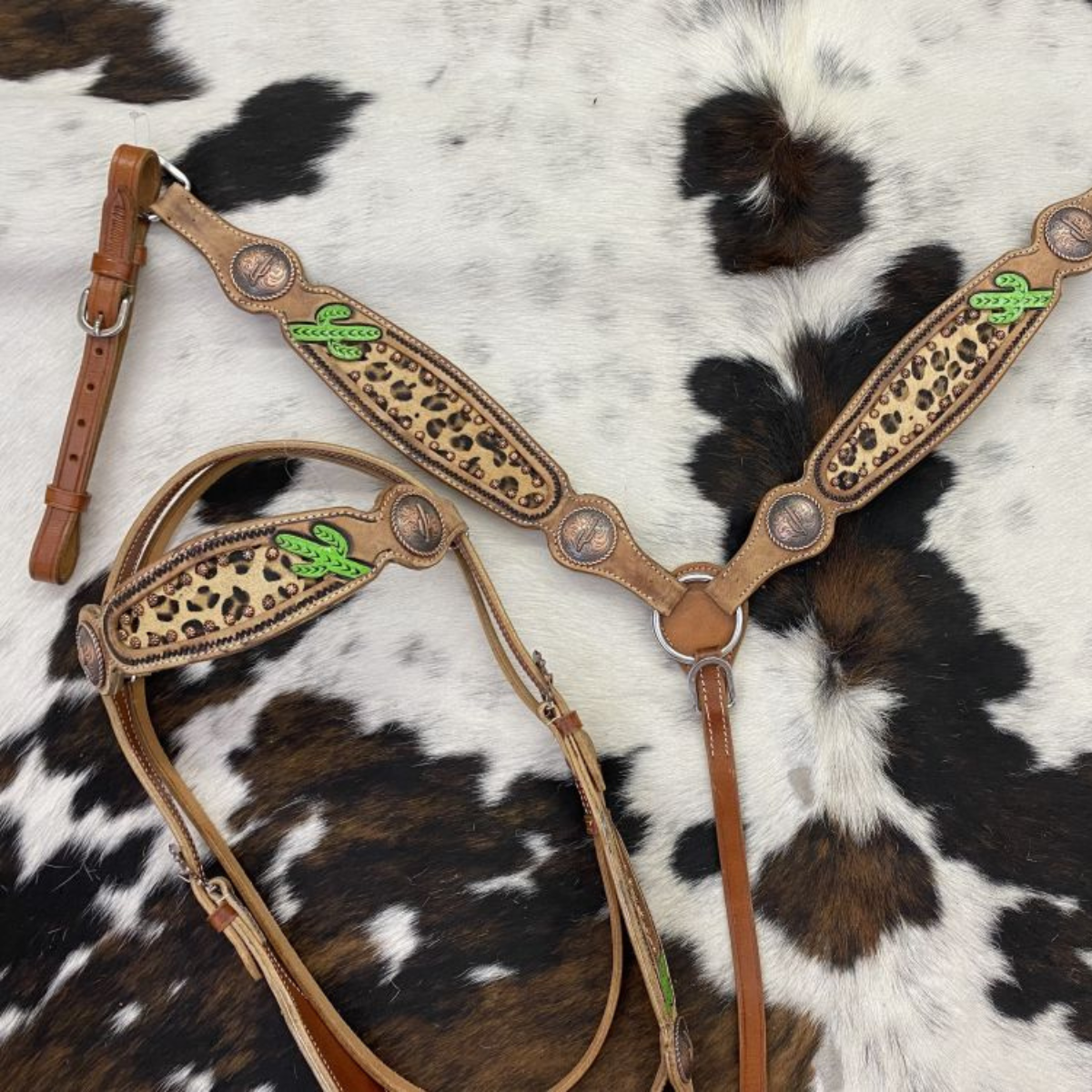 Showman ® Hand Painted Cactus Brow band Headstall and Breast collar Set with cheetah hair inlay. - Double T Saddles